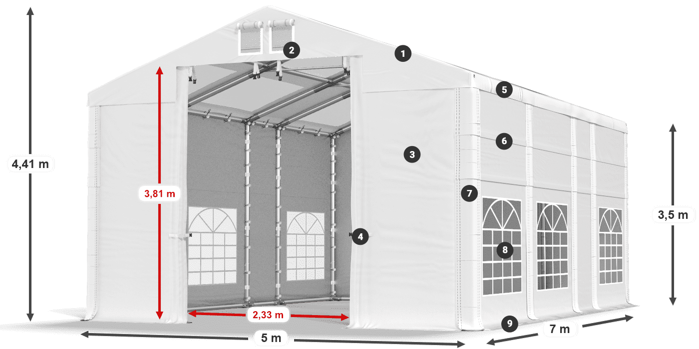 Tető: MS T 580 PVC Falak: FR 620 PVC 2,5 m jelmagyarázat