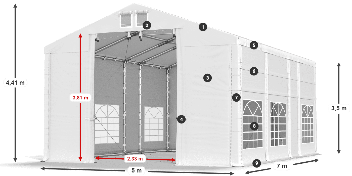 Tető: MS 580 PVC Falak: FR 620 PVC 3,5 m jelmagyarázat