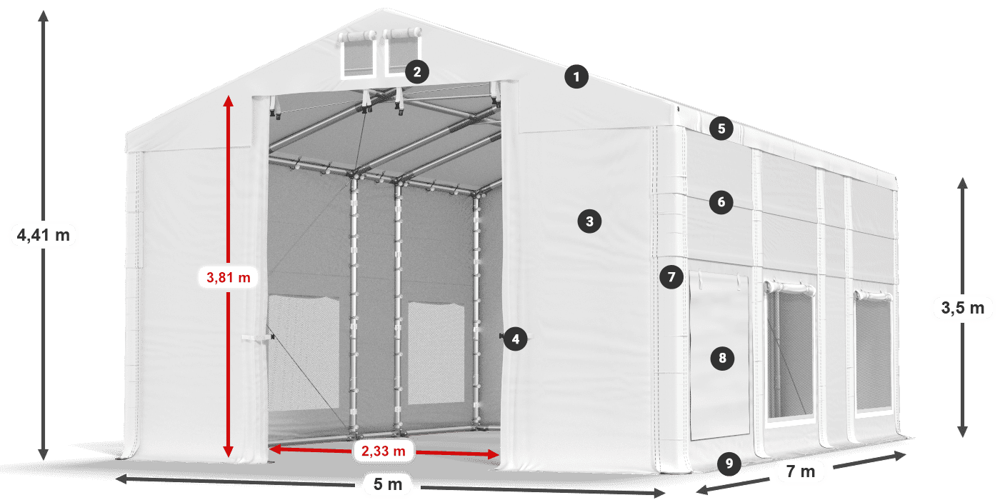 Tető: MS 580 PVC Falak: SD M 500 PVC 3,5 m jelmagyarázat