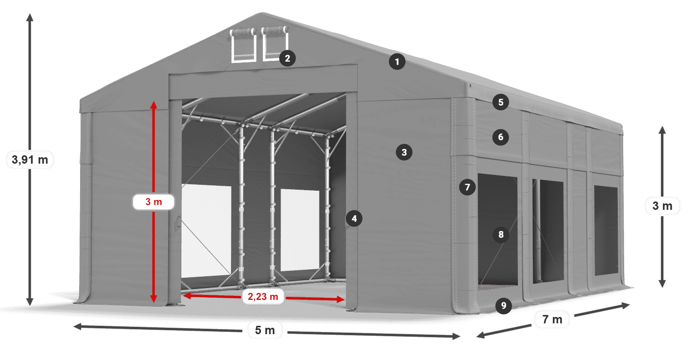 Tető: FR 620 PVC Falak: MS 580 PVC 3 m jelmagyarázat