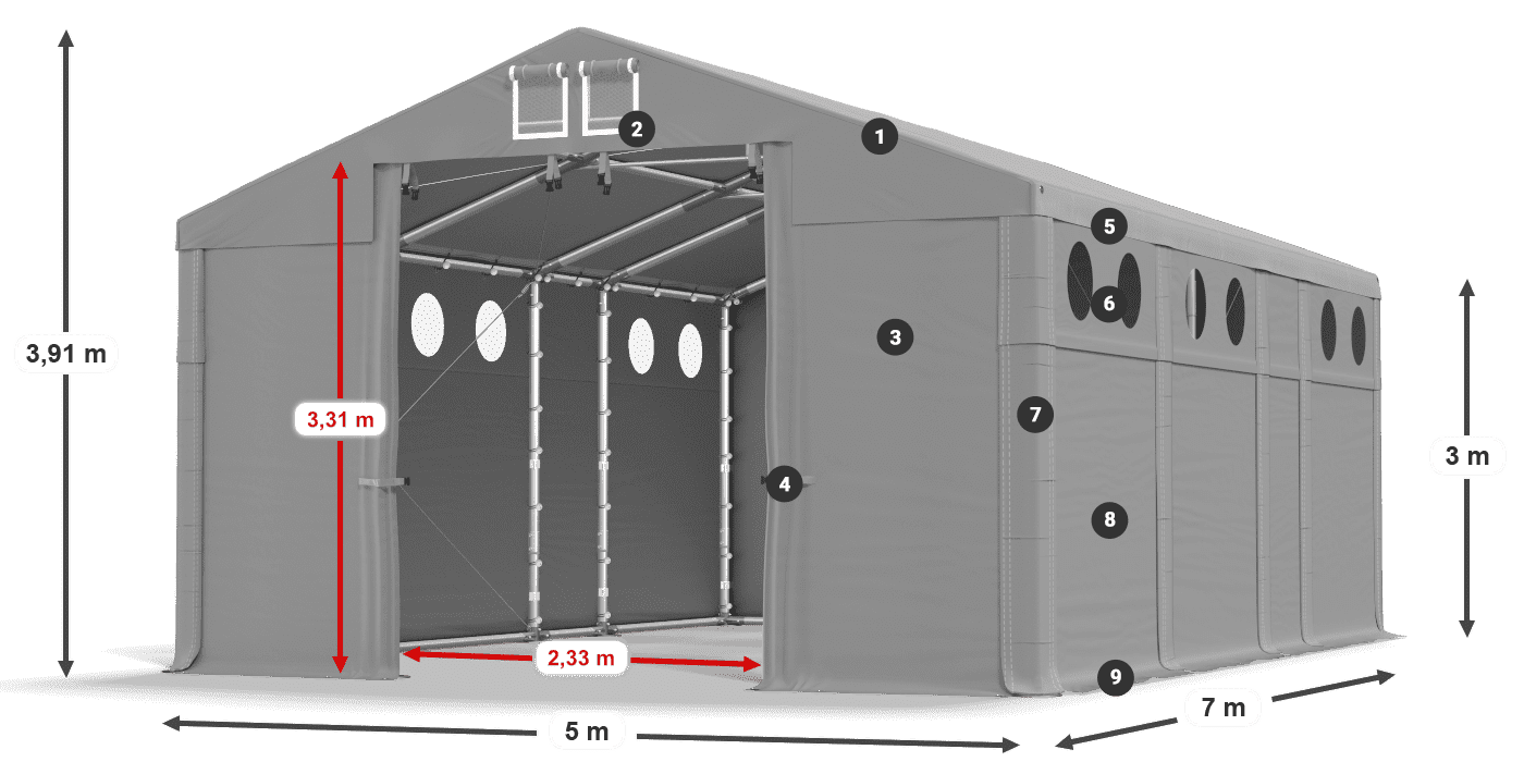 Tető: FR 620 PVC Falak: MS O 580 PVC 3 m jelmagyarázat