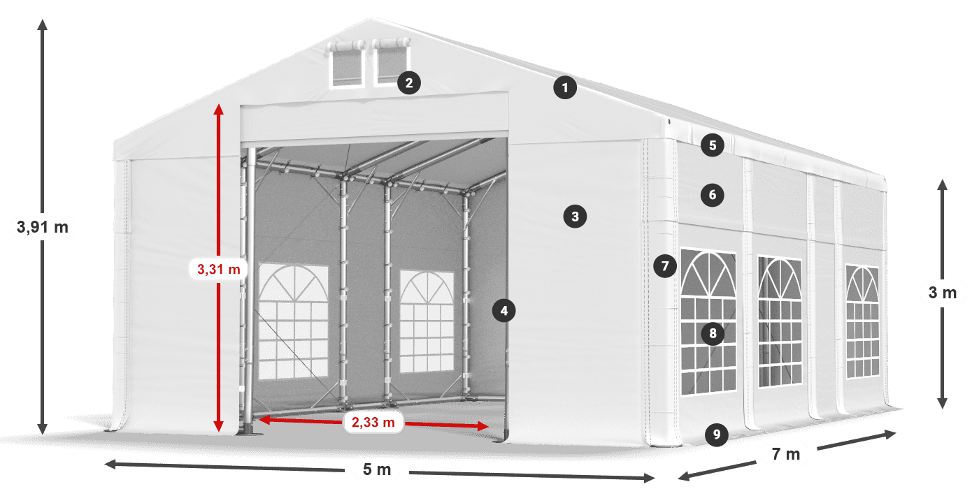 Tető: MS 580 PVC Falak: FR 620 PVC 3 m jelmagyarázat