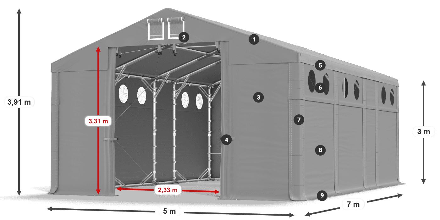 Tető: MS 580 PVC Falak: FR O 620 PVC 3 m jelmagyarázat