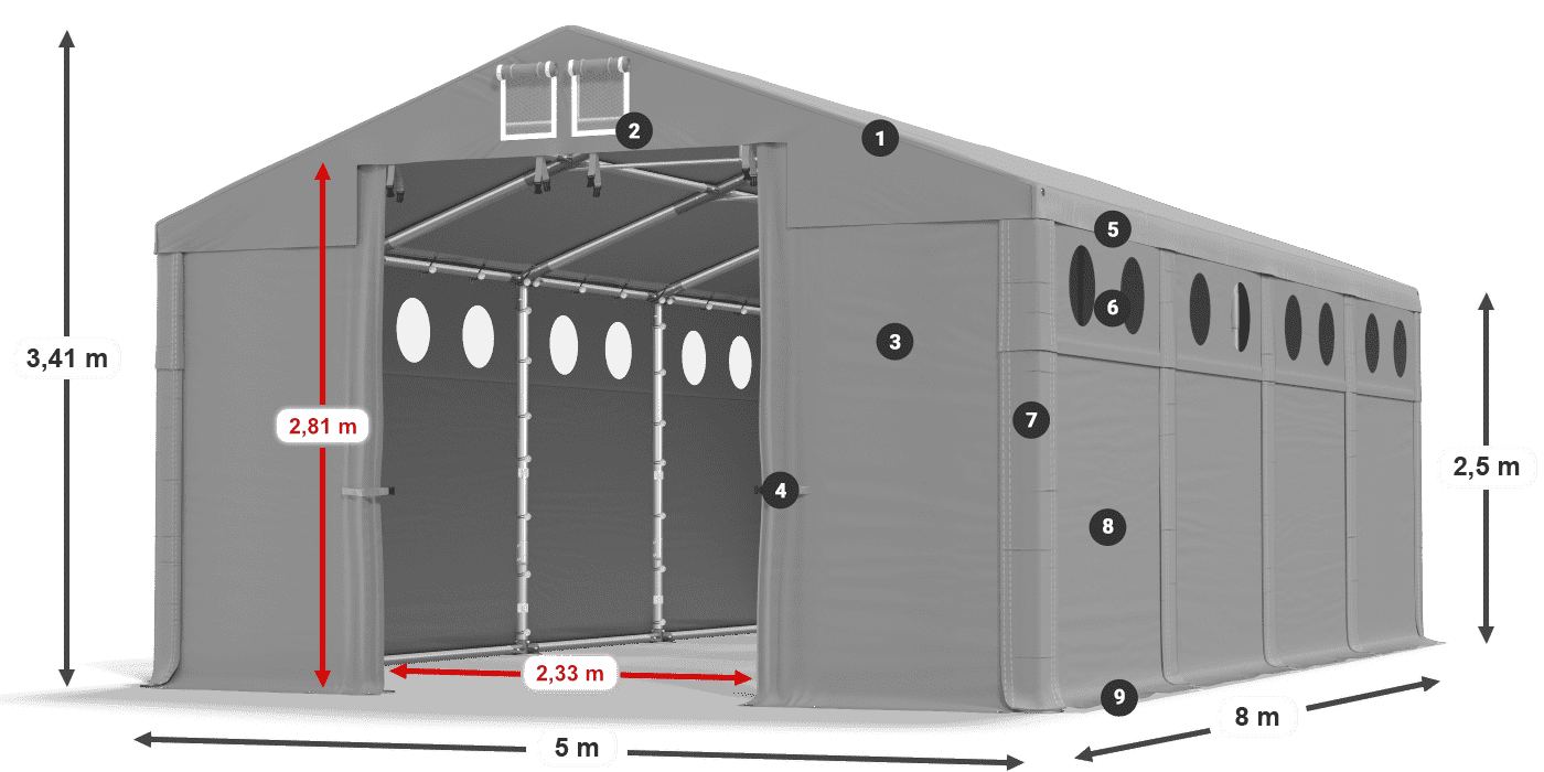 Tető: FR 620 PVC Falak: MS O 580 PVC 2,5 m jelmagyarázat