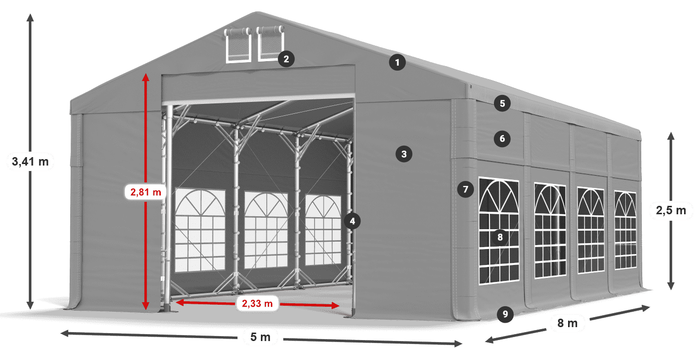 Tető: FR 620 PVC Falak: SD 500 PVC 2,5 m jelmagyarázat