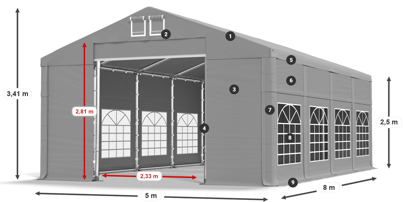 Tető: FR 620 PVC Falak: SD 500 PVC 2,5 m jelmagyarázat