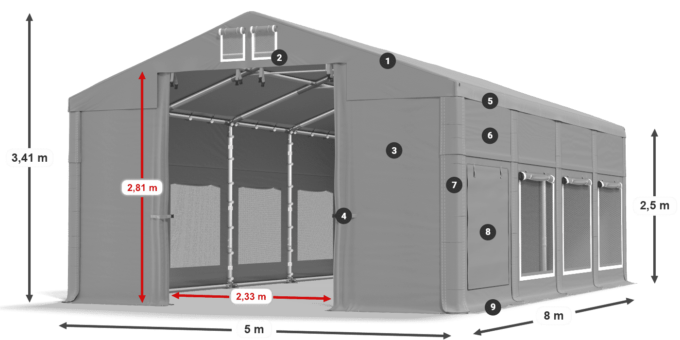 Tető: FR 620 PVC Falak: SD 500 PVC 2,5 m jelmagyarázat