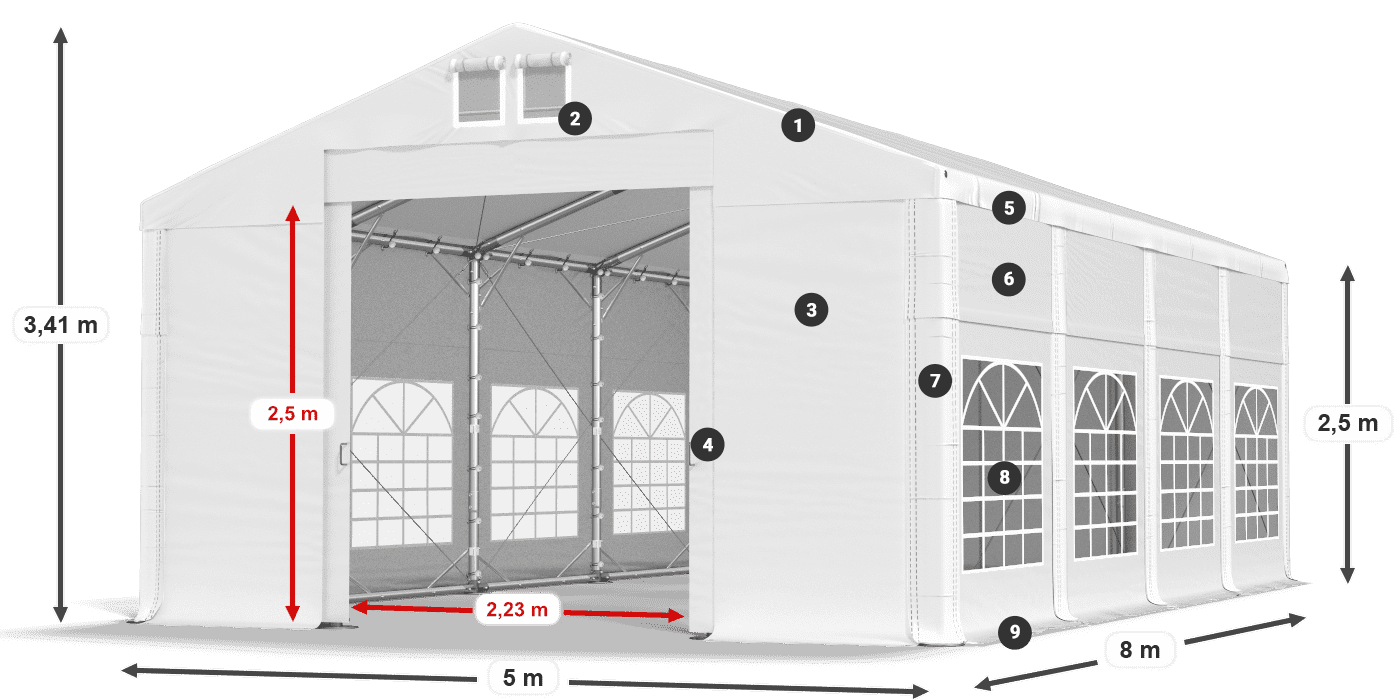 Tető: MS 580 PVC Falak: FR 620 PVC 2,5 m jelmagyarázat