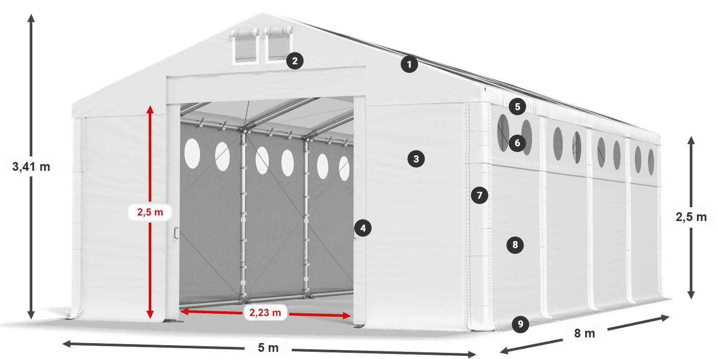 Tető: MS T 580 PVC Falak: FR O 620 PVC 2,5 m jelmagyarázat
