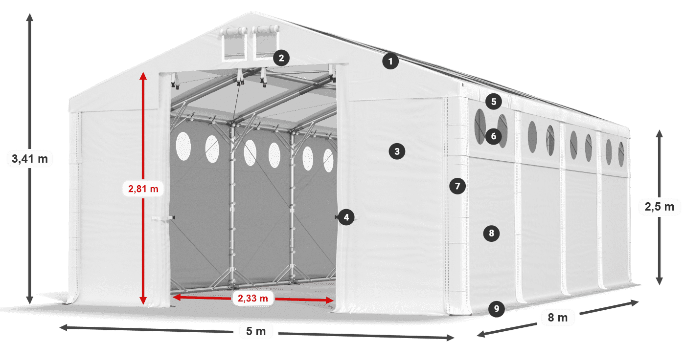 Tető: MS T 580 PVC Falak: MS O 580 PVC 2,5 m jelmagyarázat