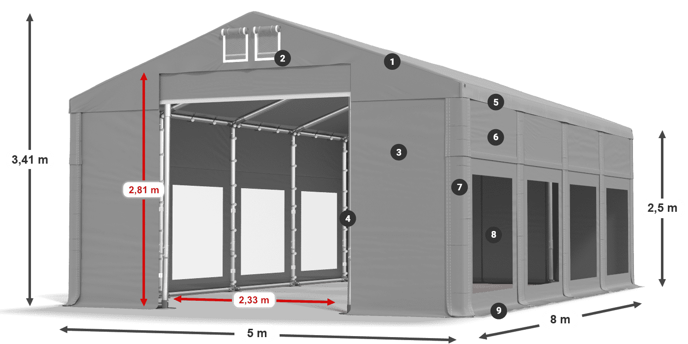 Tető: MS 580 PVC Falak: MS 580 PVC 2,5 m jelmagyarázat