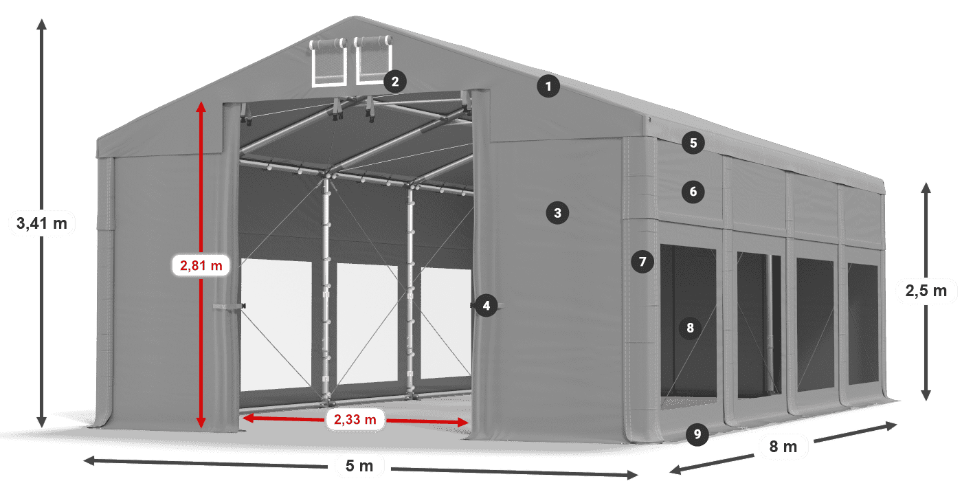 Tető: MS 580 PVC Falak: MS 580 PVC 2,5 m jelmagyarázat
