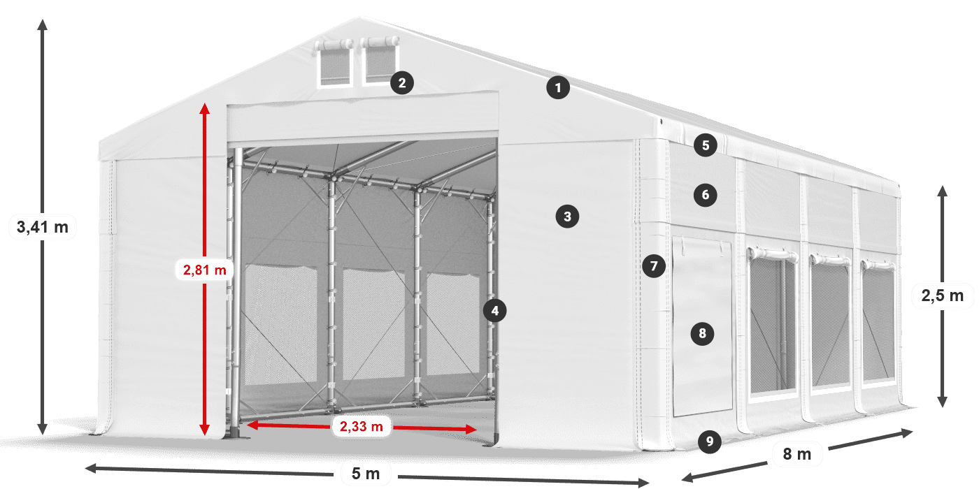 Tető: MS 580 PVC Falak: SD M 500 PVC 2,5 m jelmagyarázat
