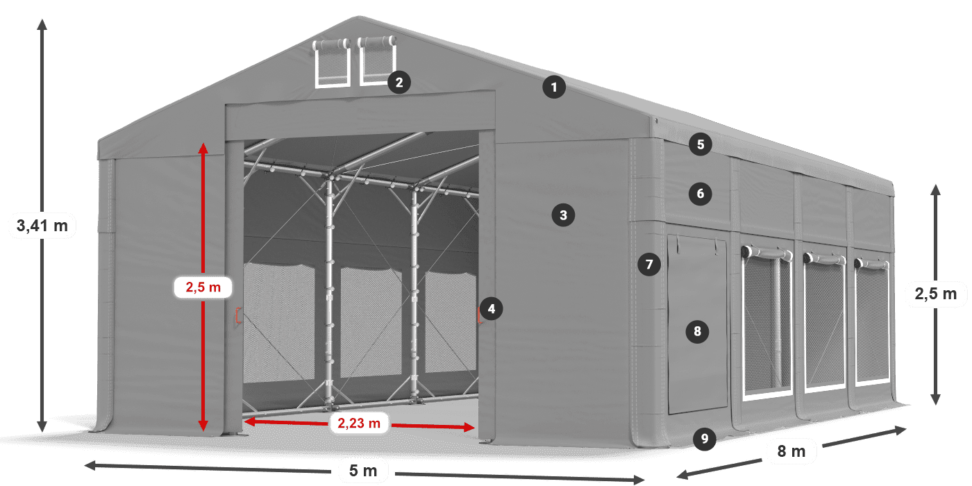 Tető: MS 580 PVC Falak: SD M 500 PVC 2,5 m jelmagyarázat