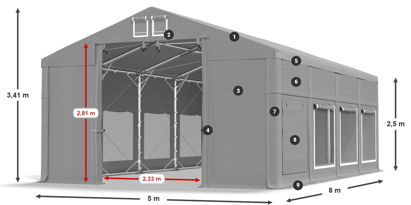 Tető: MS 580 PVC Falak: SD M 500 PVC 2,5 m jelmagyarázat
