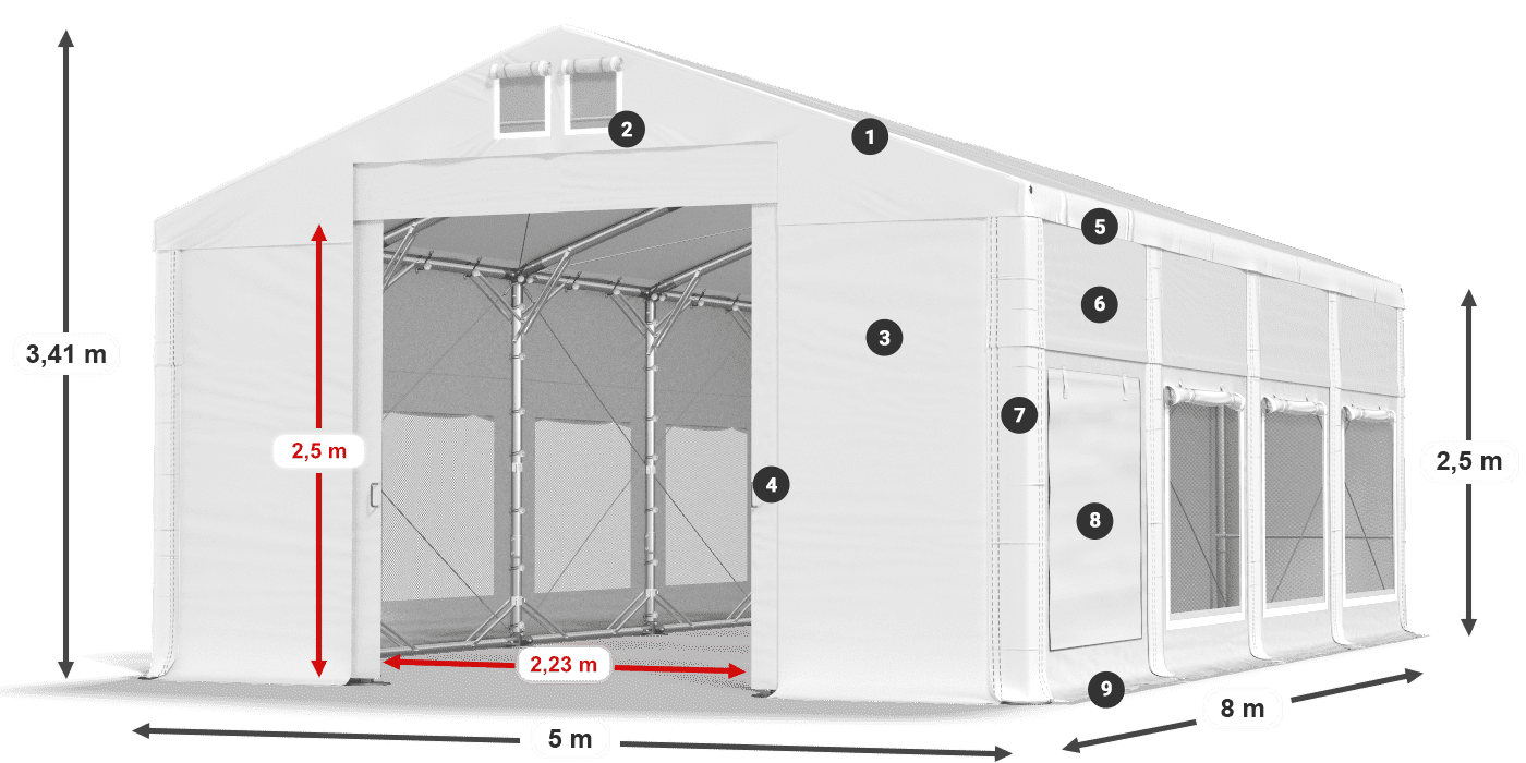 Tető: MS 580 PVC Falak: SD M 500 PVC 2,5 m jelmagyarázat