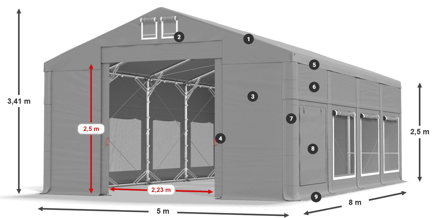 Tető: MS 580 PVC Falak: SD M 500 PVC 2,5 m jelmagyarázat