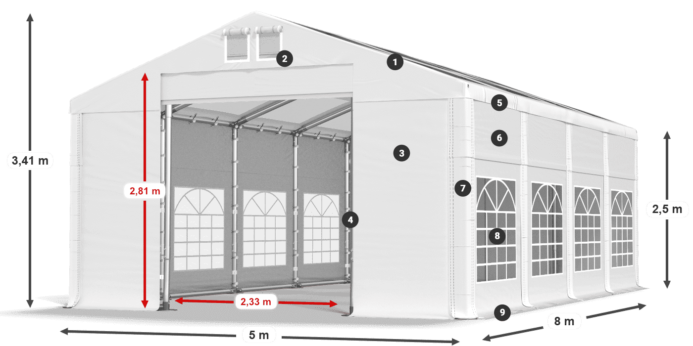 Tető: MS 580 PVC Falak: SD 500 PVC 2,5 m jelmagyarázat