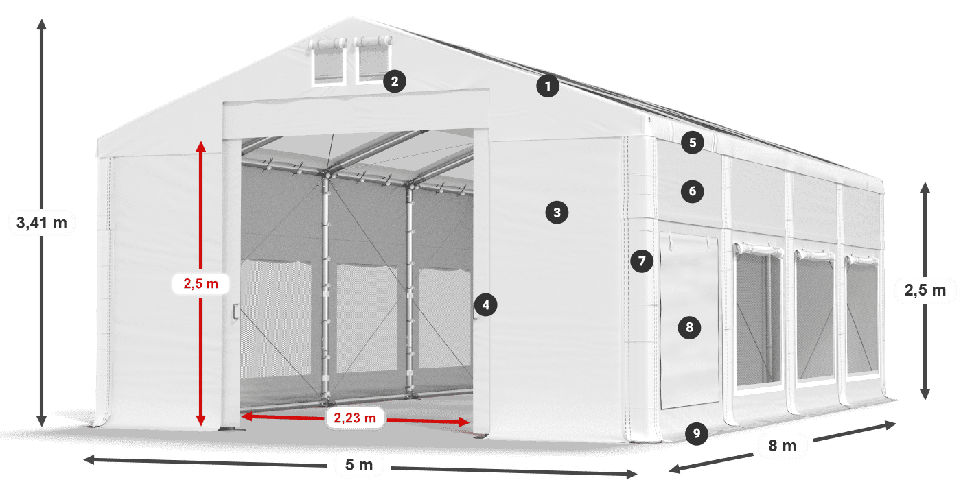 Tető: MS T 580 PVC Falak: SD M 500 PVC 2,5 m jelmagyarázat