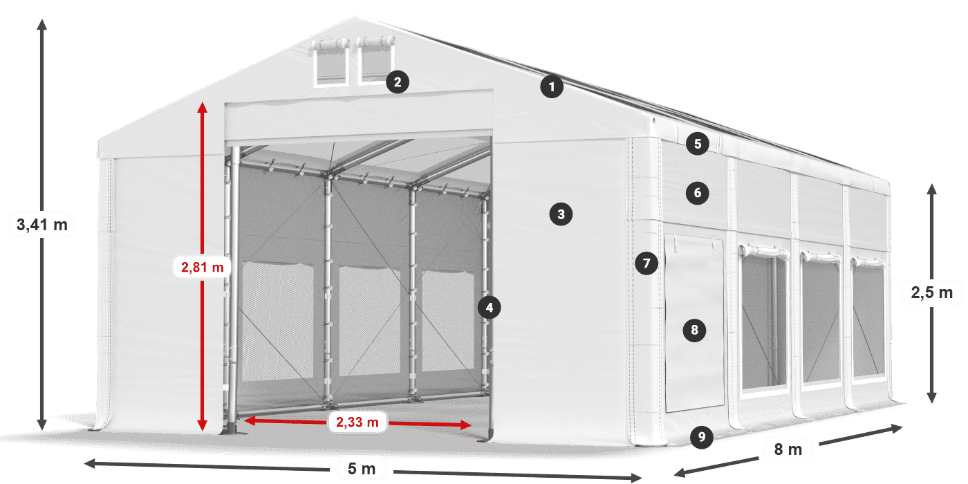 Tető: MS T 580 PVC Falak: SD M 500 PVC 2,5 m jelmagyarázat