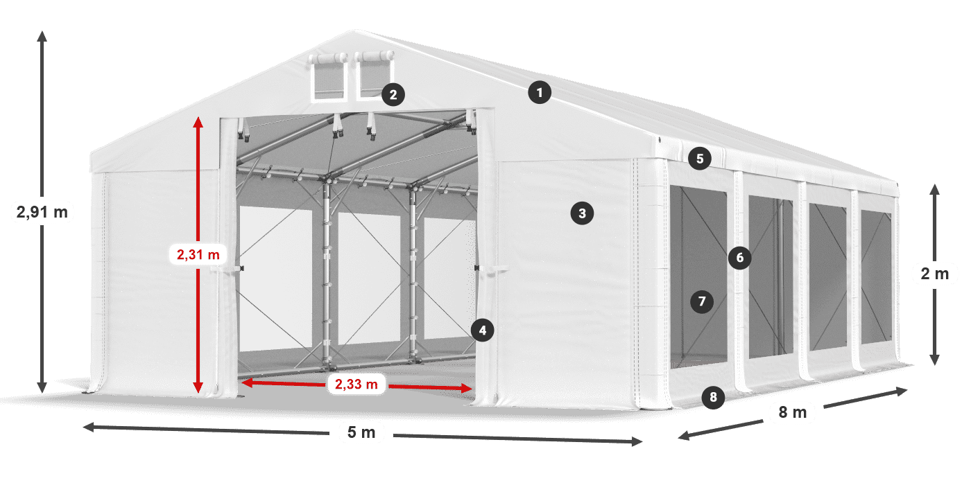 Tető: FR 620 PVC Falak: MS 580 PVC 2 m jelmagyarázat