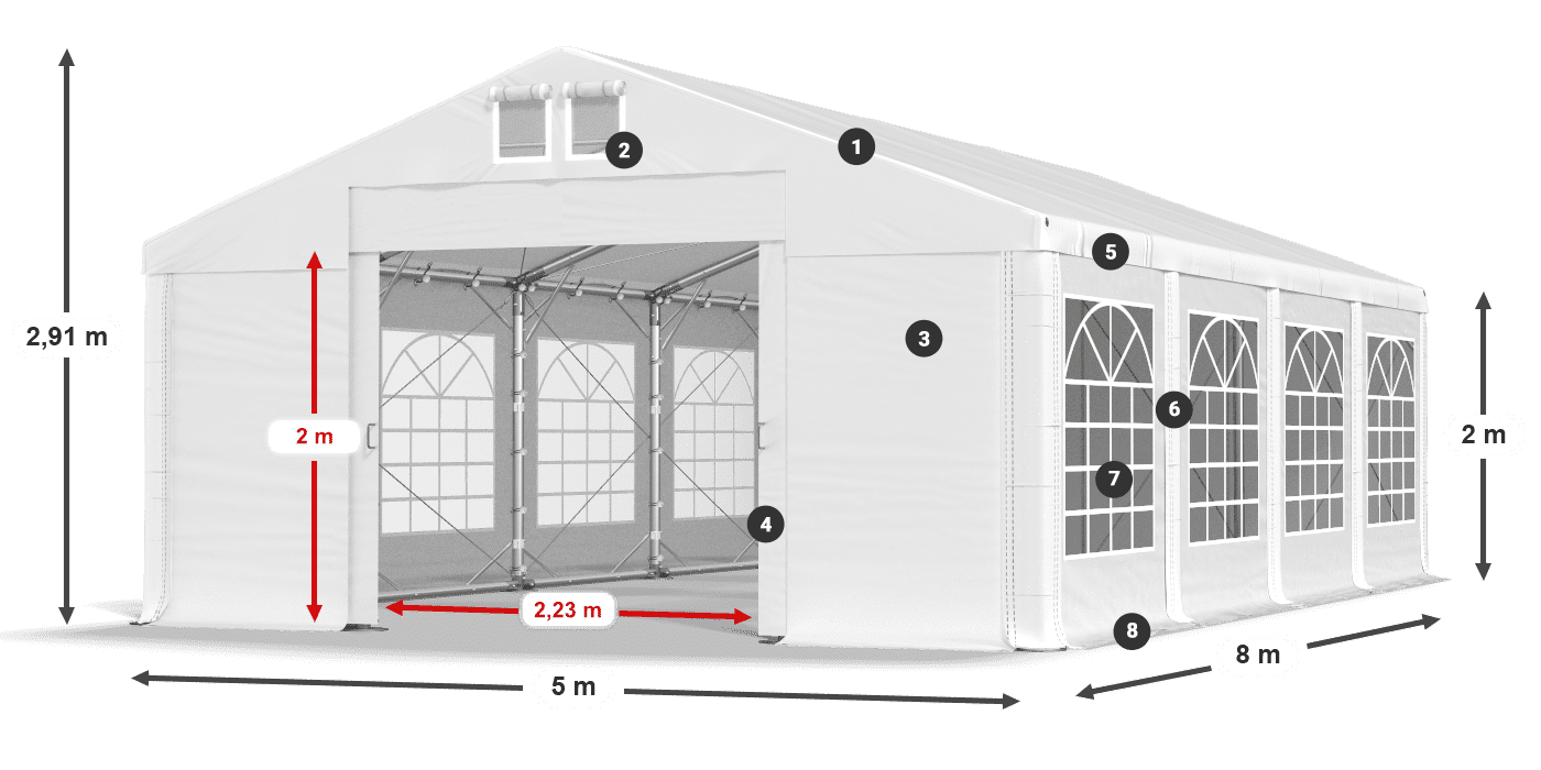 Tető: MS 580 PVC Falak: FR 620 PVC 2 m jelmagyarázat