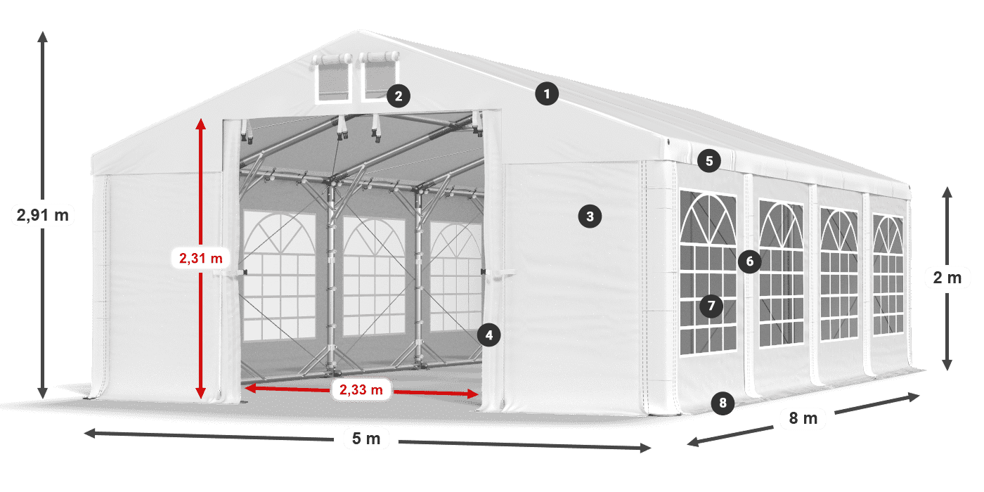 Tető: MS 580 PVC Falak: FR 620 PVC 2 m jelmagyarázat