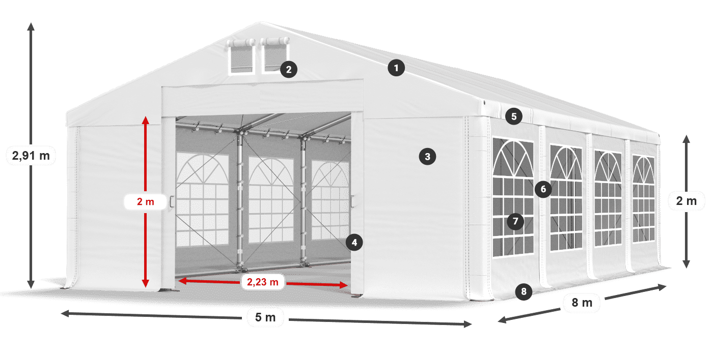 Tető: MS 580 PVC Falak: FR 620 PVC 2 m jelmagyarázat