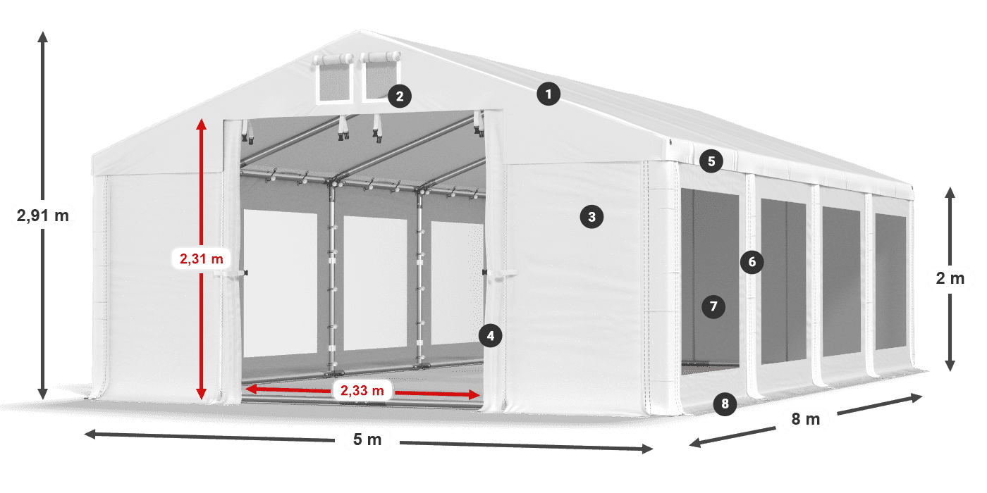 Tető: MS 580 PVC Falak: MS 580 PVC 2 m jelmagyarázat