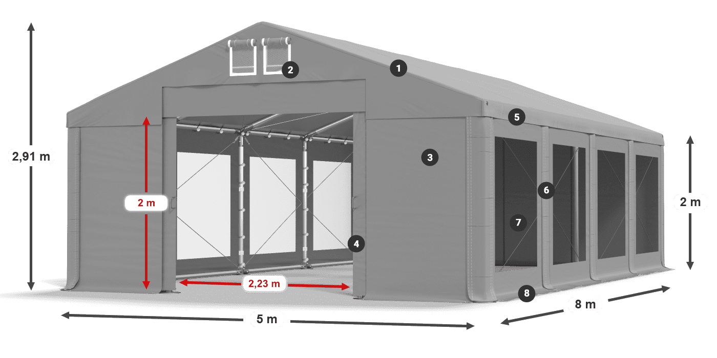 Tető: MS 580 PVC Falak: MS 580 PVC 2 m jelmagyarázat