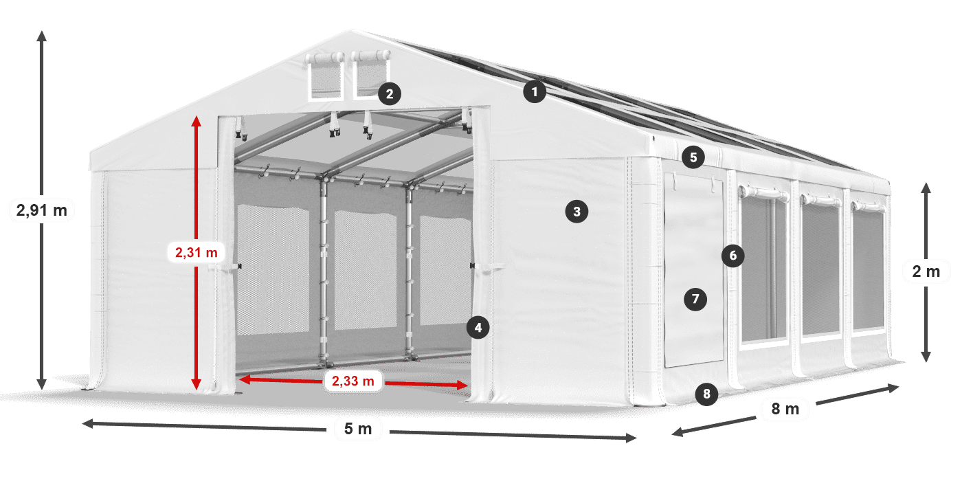 Tető: MS T 580 PVC Falak: SDM 500 PVC 2 m jelmagyarázat