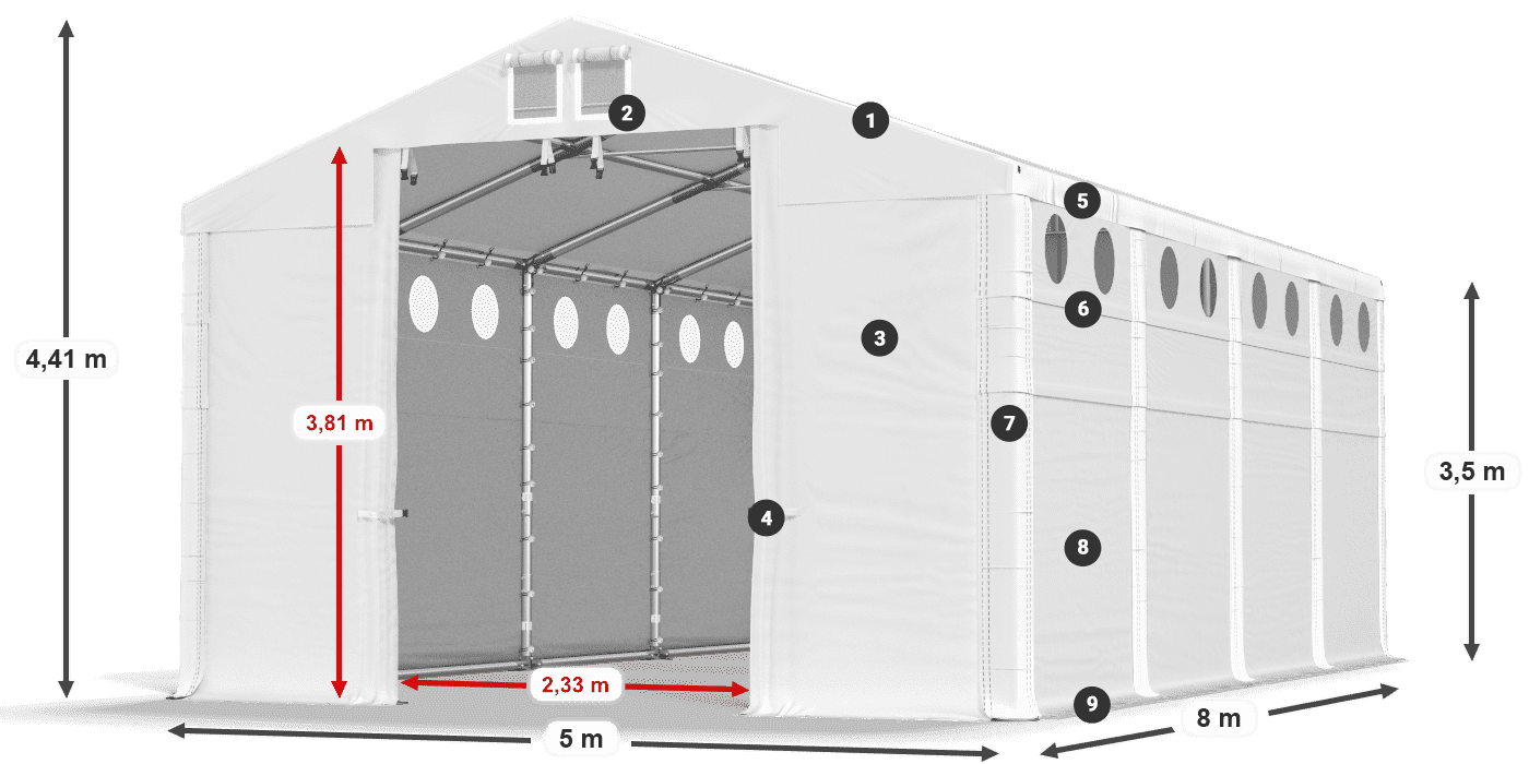 Tető: FR 620 PVC Falak: SD O 500 PVC 3,5 m jelmagyarázat