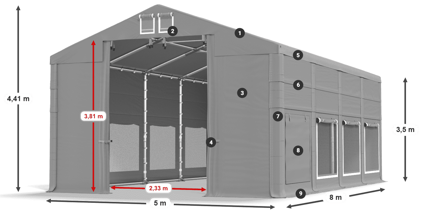Tető: FR 620 PVC Falak: SD 500 PVC 3,5 m jelmagyarázat