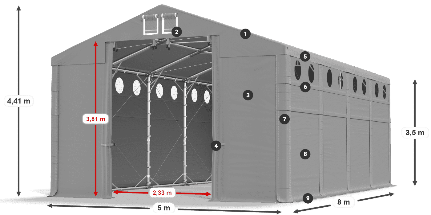 Tető: MS 580 PVC Falak: SD O 500 PVC 3,5 m jelmagyarázat