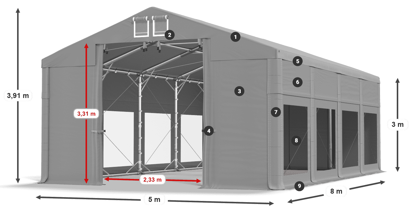 Tető: FR 620 PVC Falak: MS 580 PVC 3 m jelmagyarázat