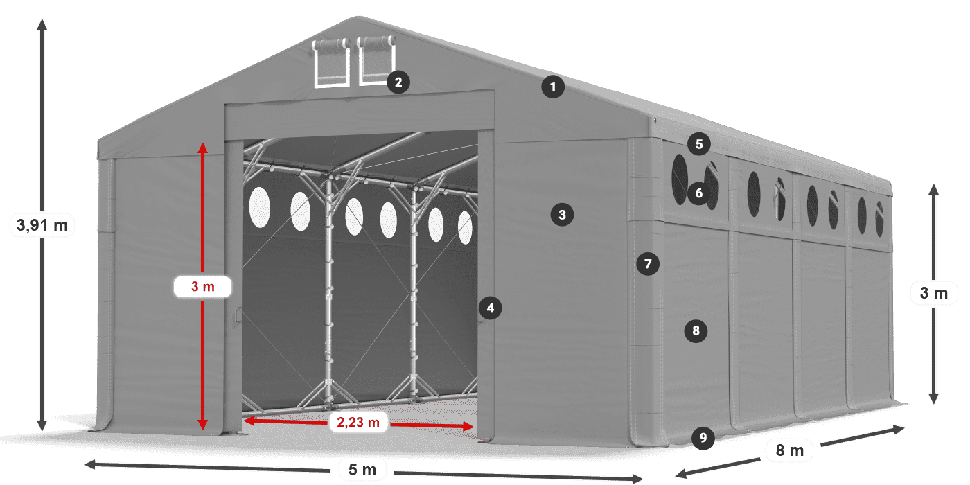 Tető: FR 620 PVC Falak: MS O 580 PVC 3 m jelmagyarázat