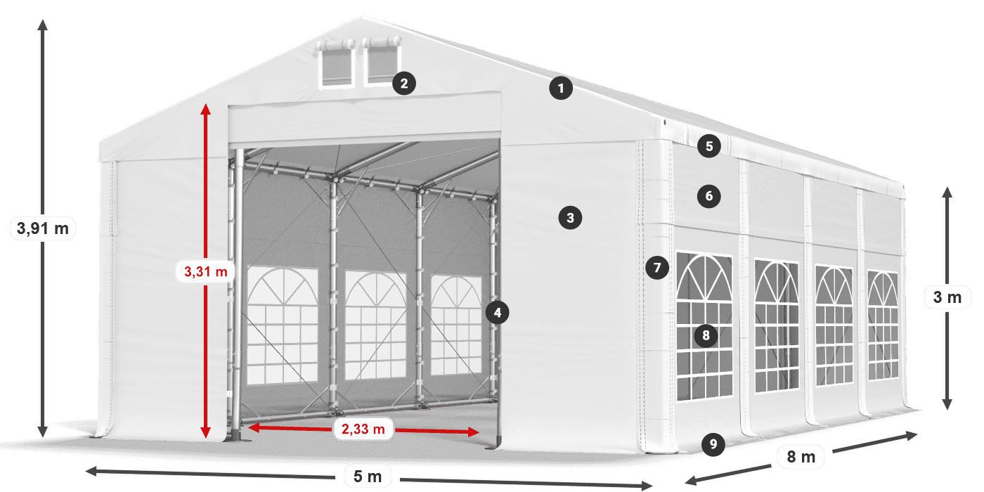 Tető: MS 580 PVC Falak: FR 620 PVC 3 m jelmagyarázat