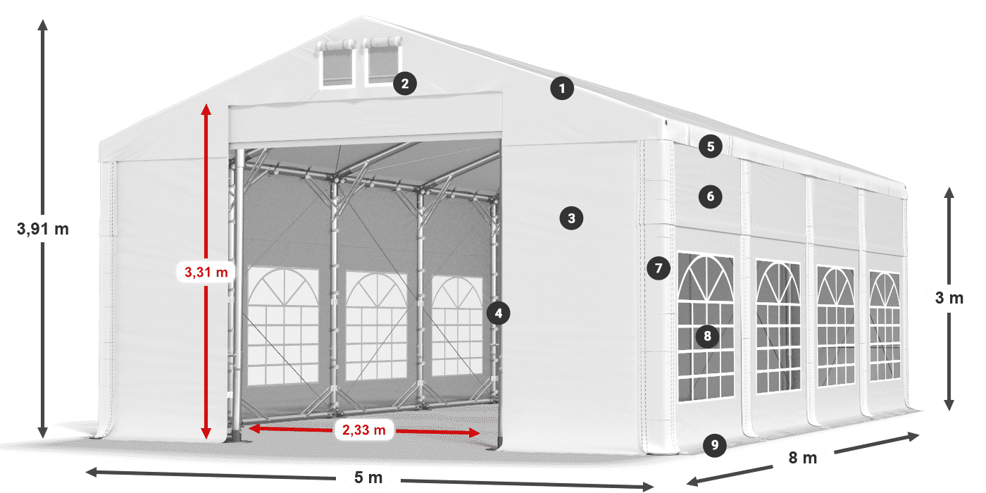 Tető: MS 580 PVC Falak: FR 620 PVC 3 m jelmagyarázat