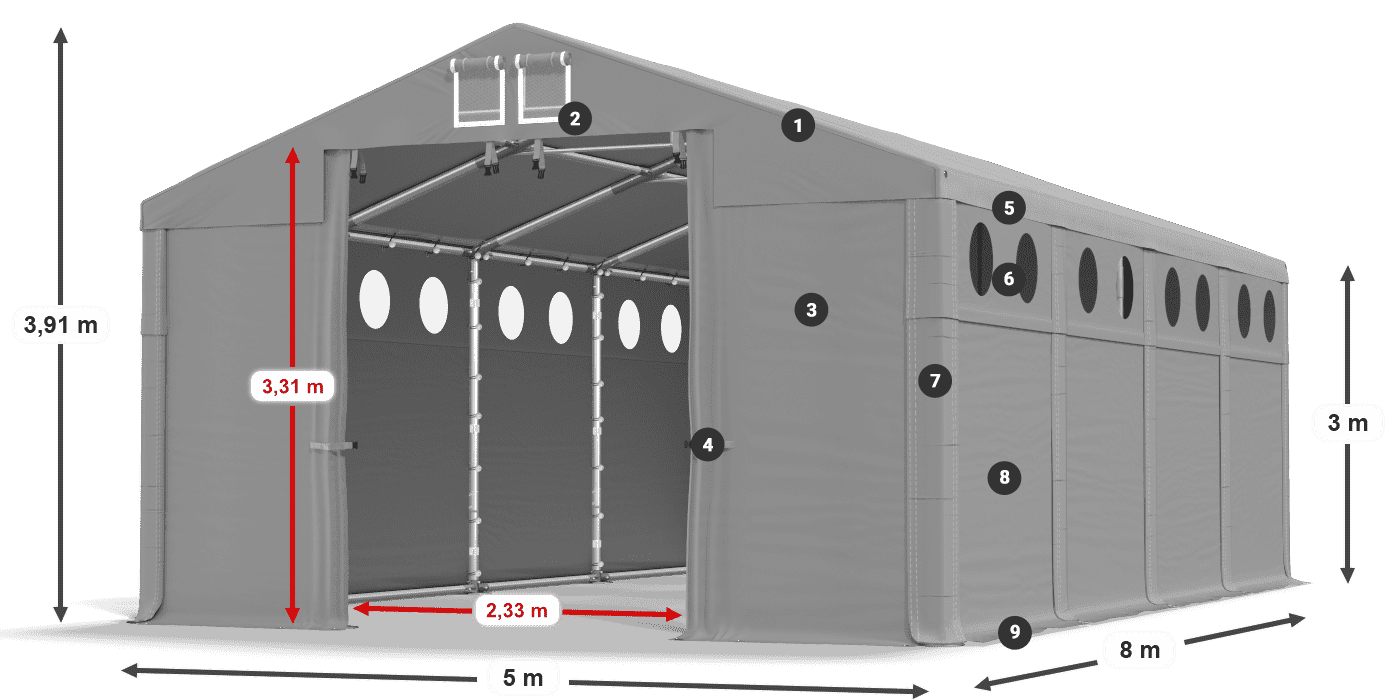 Tető: MS 580 PVC Falak: FR O 620 PVC 3 m jelmagyarázat