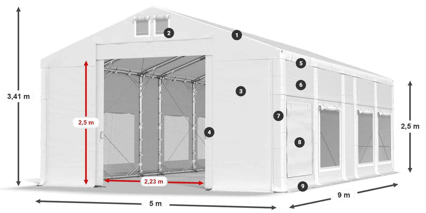Tető: FR 620 PVC Falak: SD 500 PVC 2,5 m jelmagyarázat