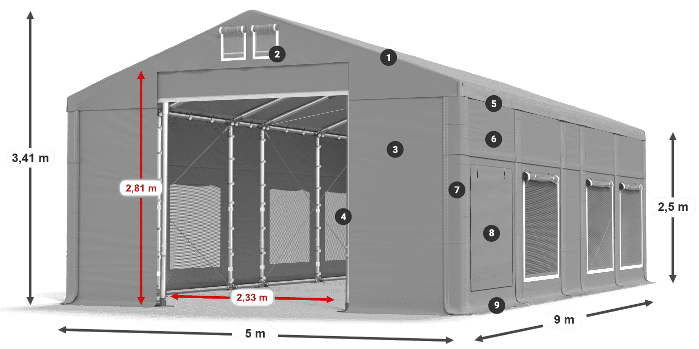Tető: FR 620 PVC Falak: SD 500 PVC 2,5 m jelmagyarázat