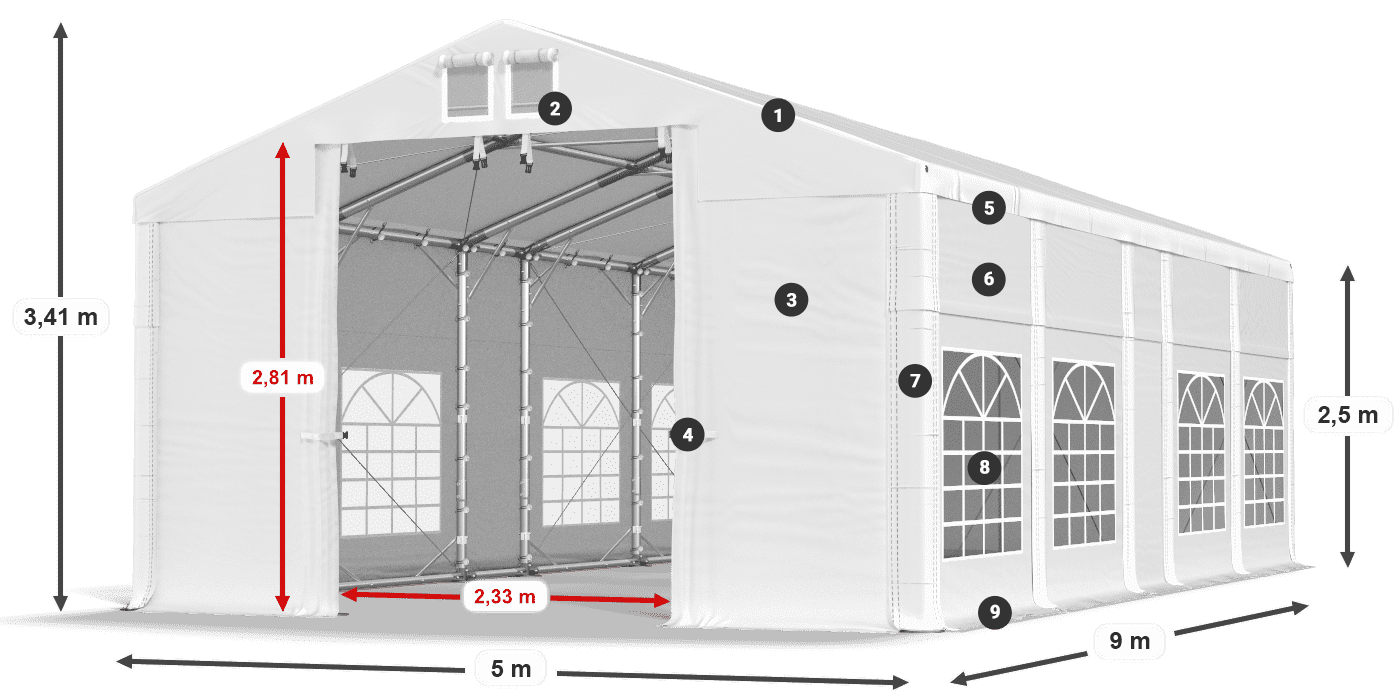 Tető: MS 580 PVC Falak: FR 620 PVC 2,5 m jelmagyarázat