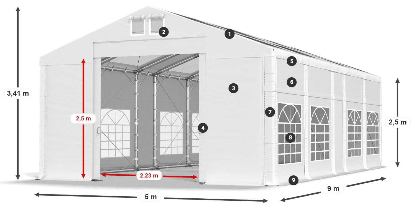 Tető: MS T 580 PVC Falak: FR 620 PVC 2,5 m jelmagyarázat