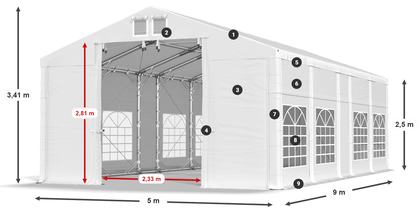 Tető: MS 580 PVC Falak: FR 620 PVC 2,5 m jelmagyarázat