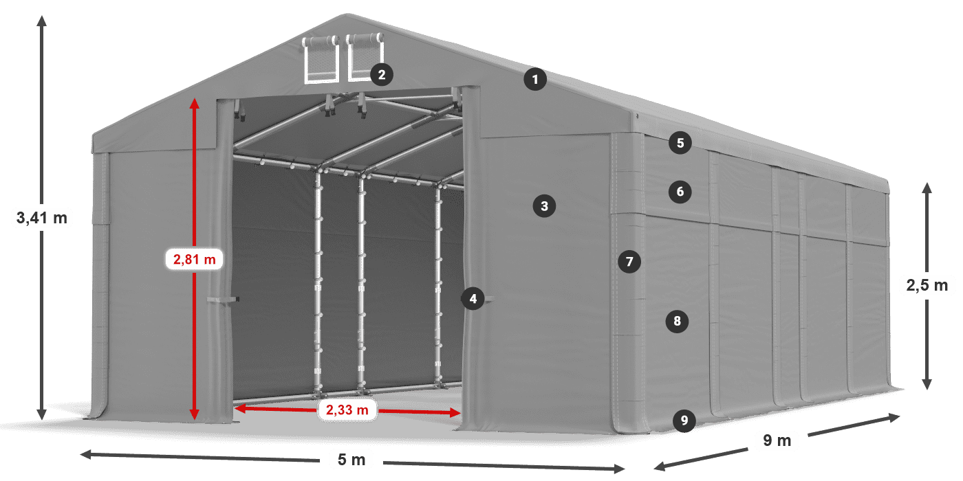 Tető: MS 580 PVC Falak: FR 620 PVC 2,5 m jelmagyarázat