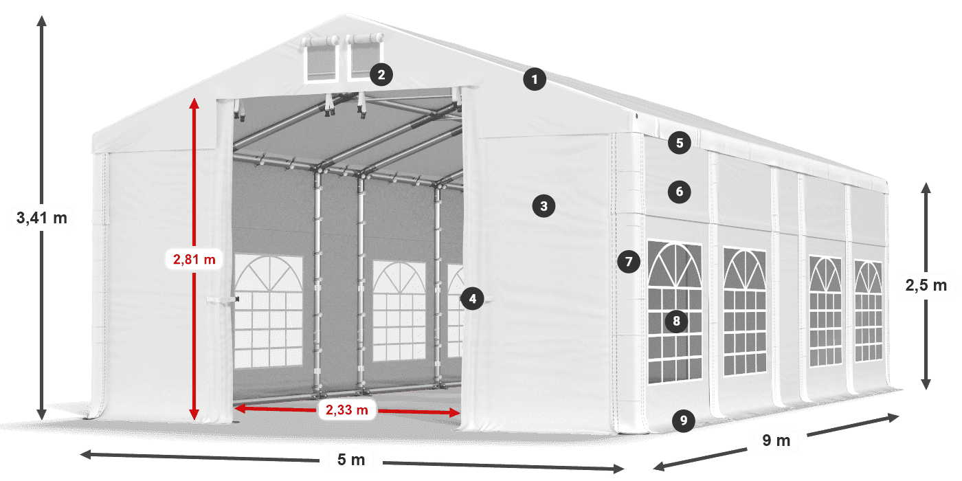 Tető: MS 580 PVC Falak: FR 620 PVC 2,5 m jelmagyarázat