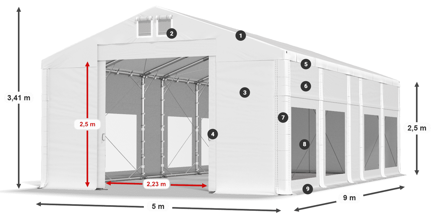Tető: MS 580 PVC Falak: MS 580 PVC 2,5 m jelmagyarázat