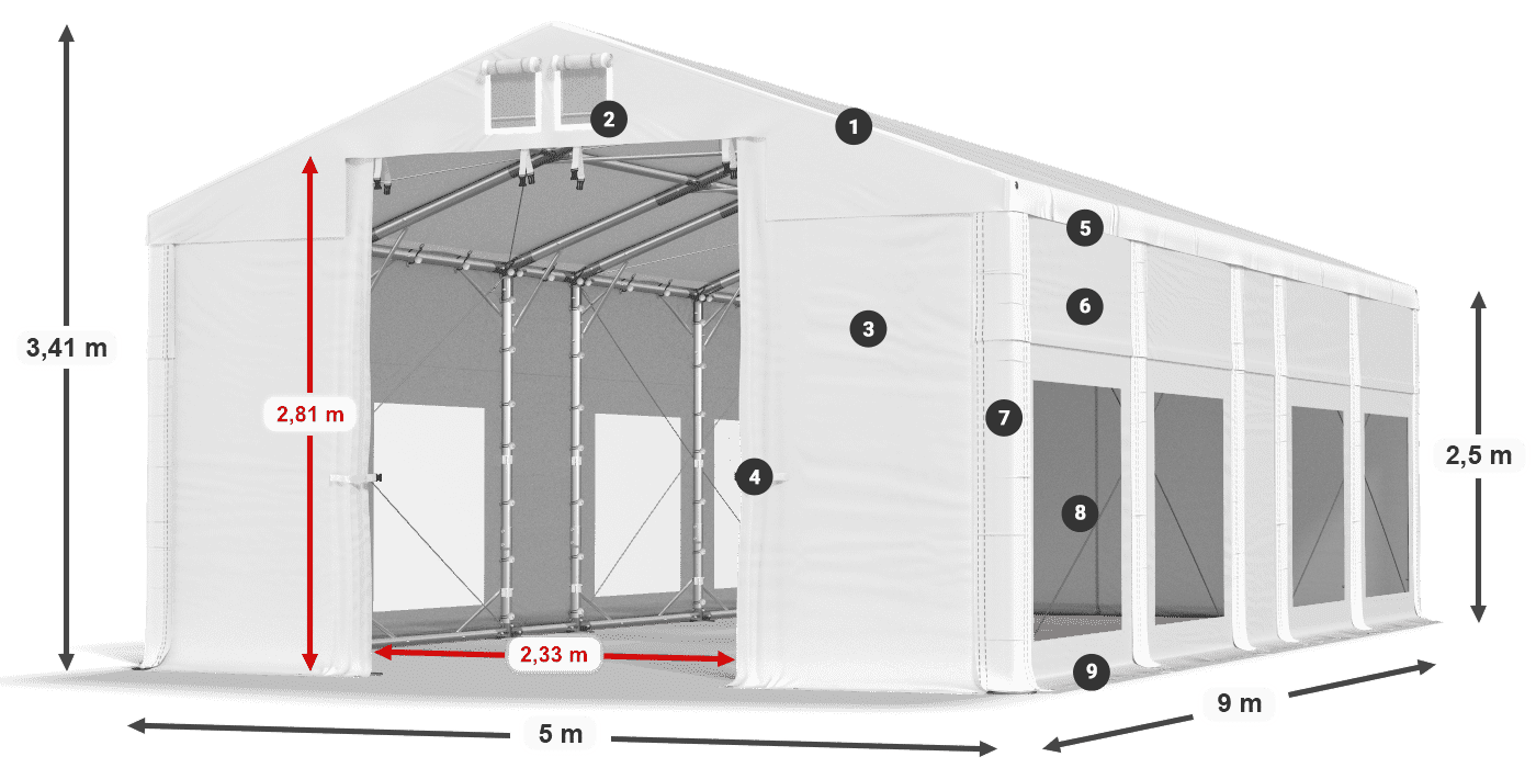 Tető: MS 580 PVC Falak: MS 580 PVC 2,5 m jelmagyarázat