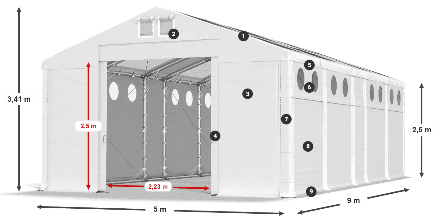 Tető: MS T 580 PVC Falak: MS O 580 PVC 2,5 m jelmagyarázat
