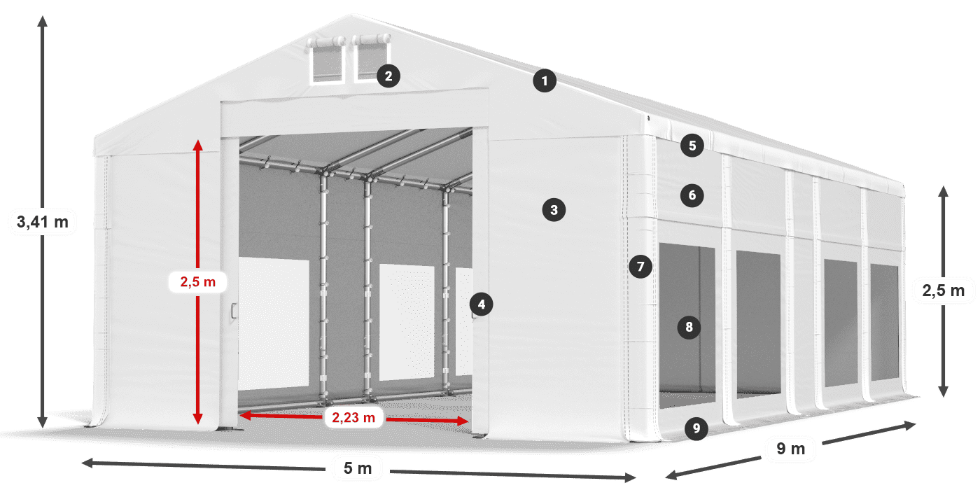 Tető: MS 580 PVC Falak: MS 580 PVC 2,5 m jelmagyarázat